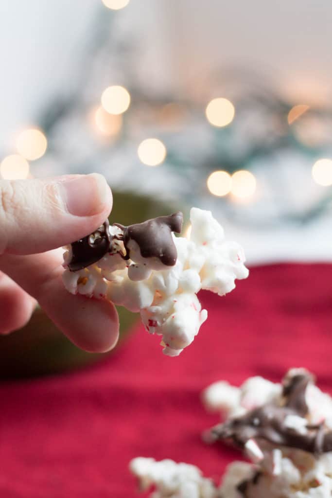 Holly Jolly Peppermint Popcorn | Popcorn coated with vanilla almond bark, crushed candy canes & chocolate. 