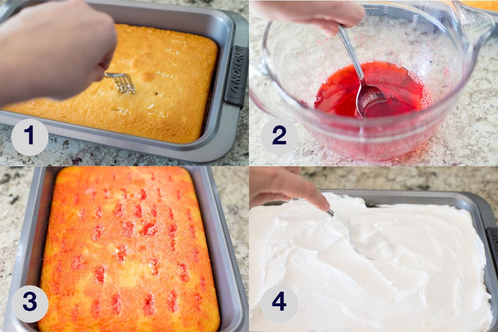 photos showing key steps in making jello poke cake